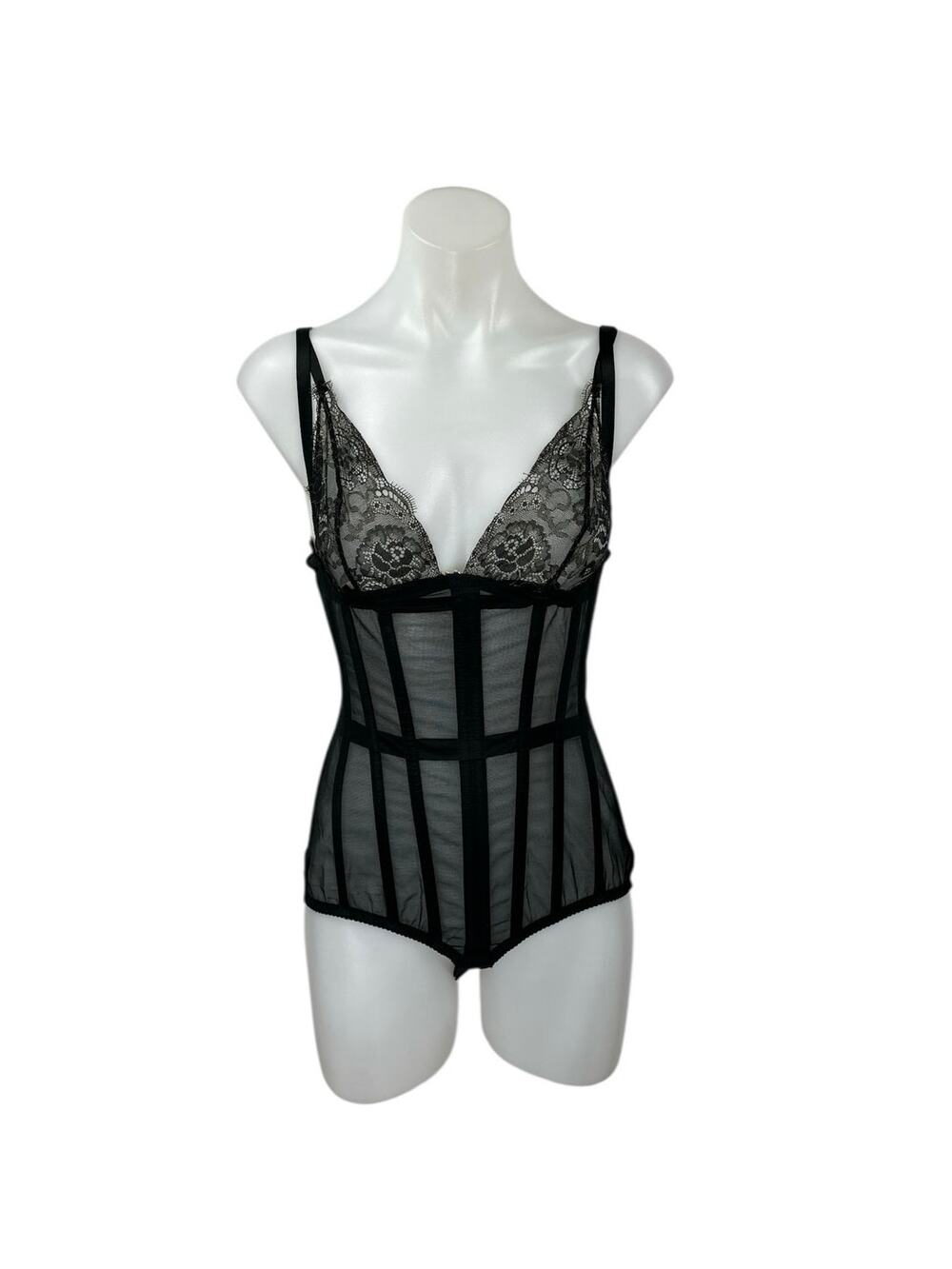 NEW Perfect Corset Cape Form Black Mesh Sheer Lace Up Back Coset Bodysuit Size M
